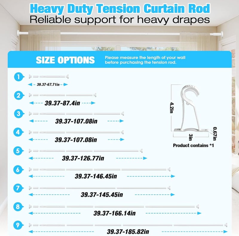 MEXAU White Tension Curtain Rods 41-185 In Extra Long Outdoor Patio Curtain Rods No Drilling Adjustable Heavy Duty Tension Rods for Windows Bathroom Living Room Curtains, Rod Diameter 1.26In - Image 4